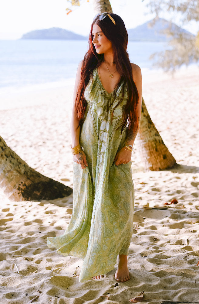 Women's Paisley Mint Kiss Halter Dress in a lightweight flowing fabric with an open back, adjustable halter ties and relaxed boho styling.