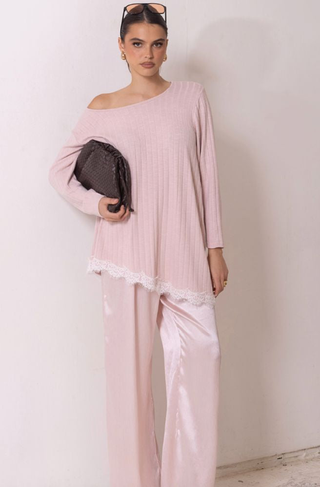 Pink Serenity Top blush pink ribbed knit top with lace trim hem and relaxed oversized fit