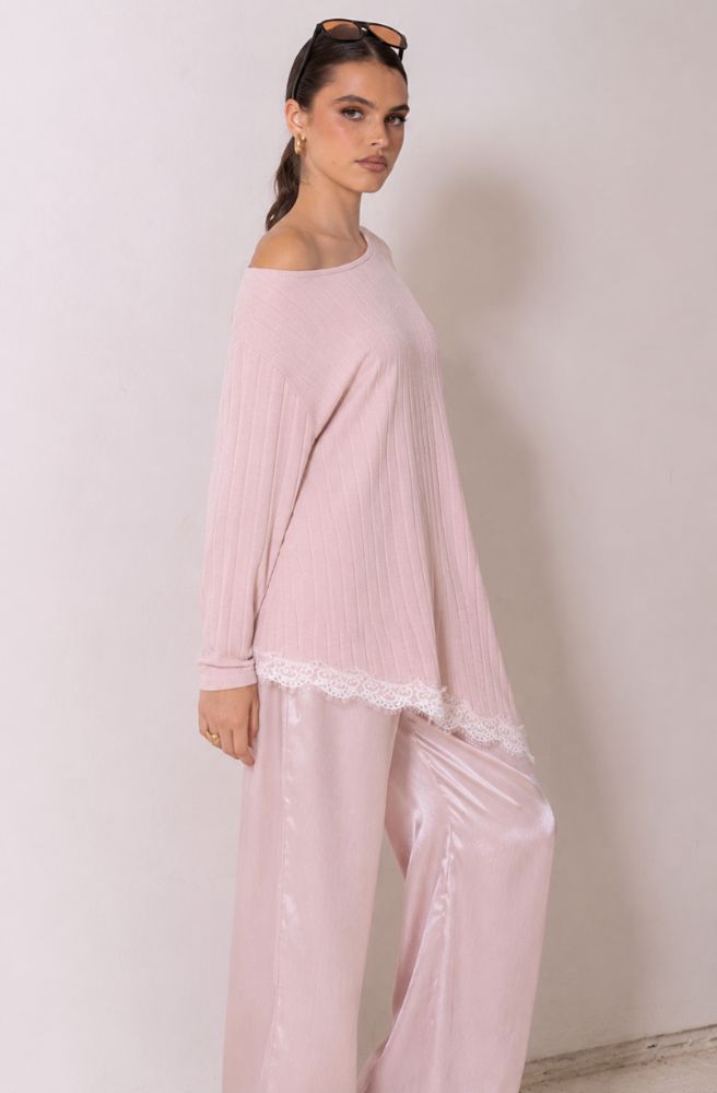 Pink Serenity Top soft cotton blend knitwear with feminine lace detail and elegant draped silhouette