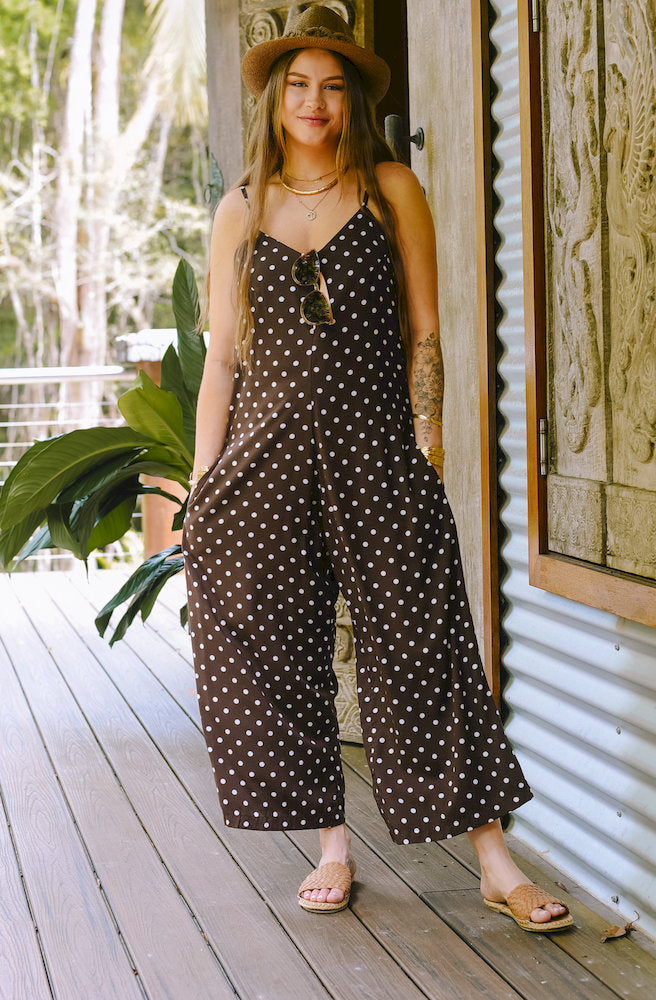Polkadot Brown Holy Pantsuit brown polkadot wide leg jumpsuit
