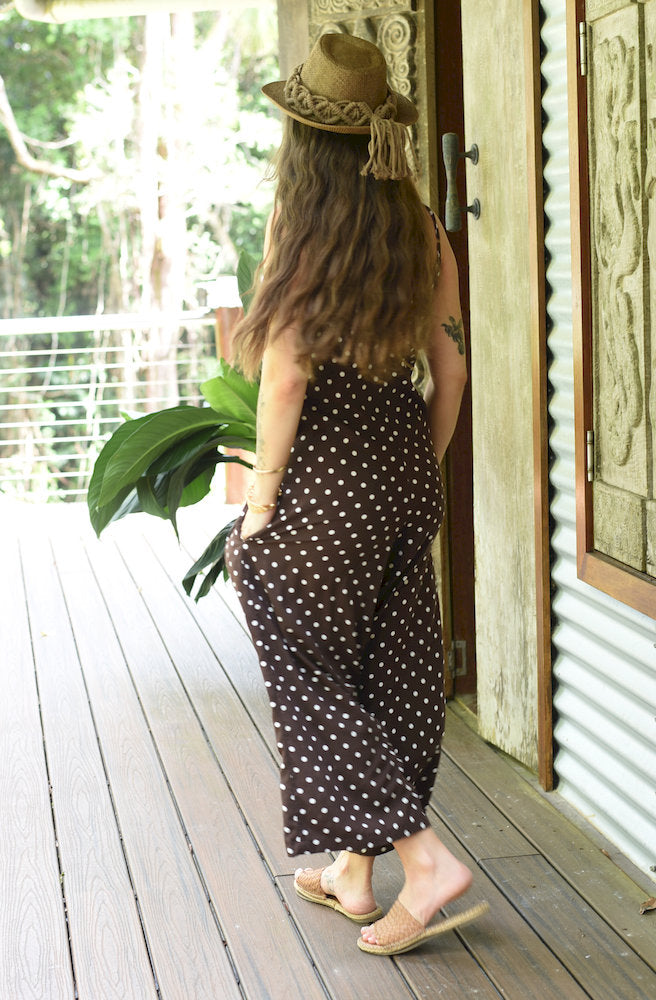 Polkadot Brown Holy Pantsuit back view wide leg jumpsuit
