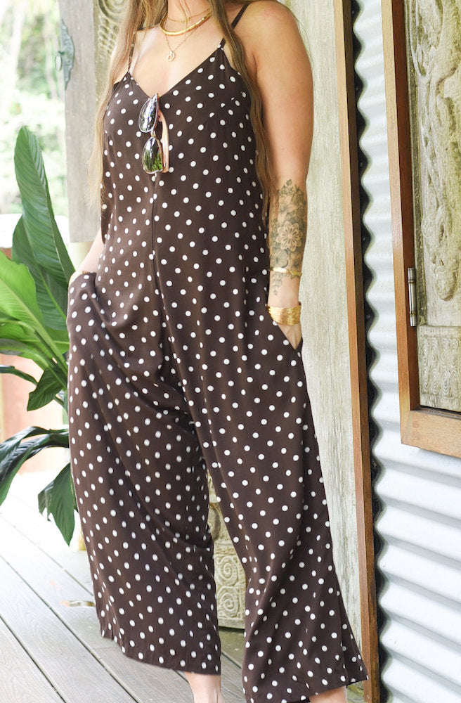 Polkadot Brown Holy Pantsuit brown polkadot fabric detail