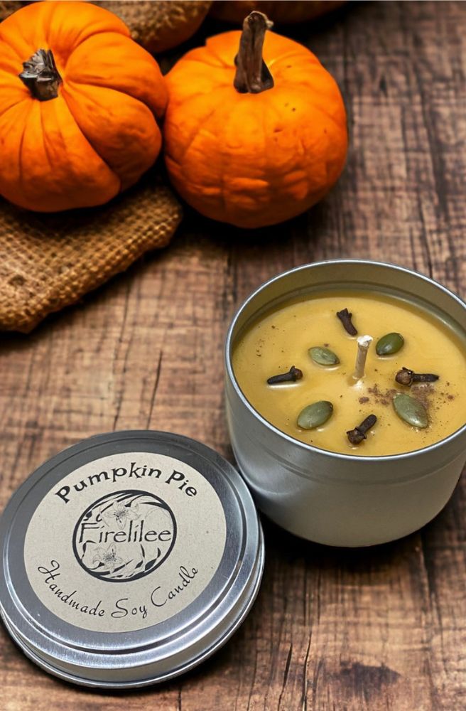 Pumpkin Pie Travel Soy Candle with warm spiced vanilla fragrance
