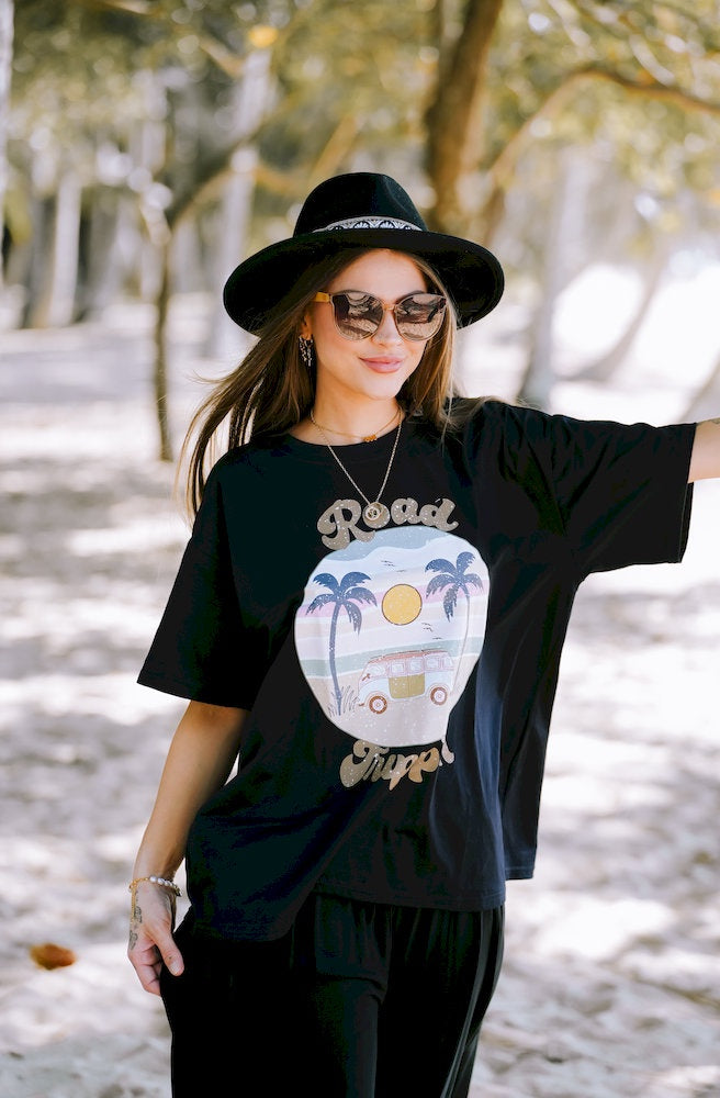 Road Trippin Outlaw Tee in black organic cotton with vintage kombi van graphic and relaxed fit