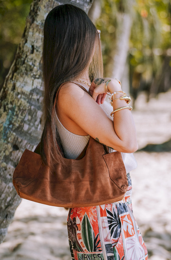 Roamer Suede Bag in genuine brown cow suede with spacious shoulder design and minimalist styling