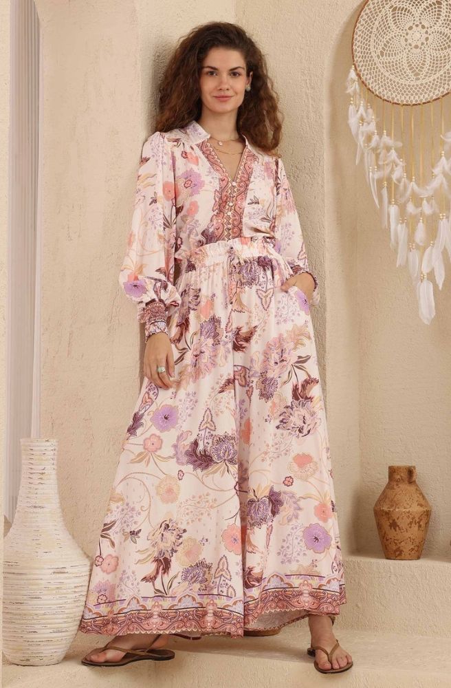 Rosewater Reverie Top in soft pink and lavender floral tones paired with Rosewater Reverie Pants