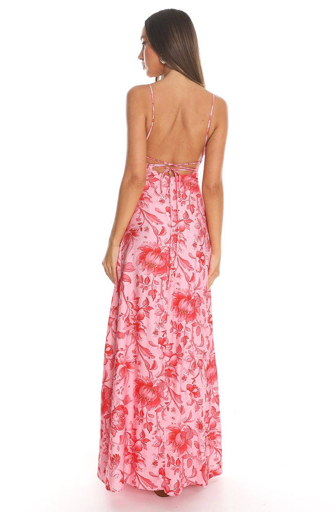 Rosie Bloom Maxi Dress with adjustable spaghetti straps, lace neckline and back tie detail.