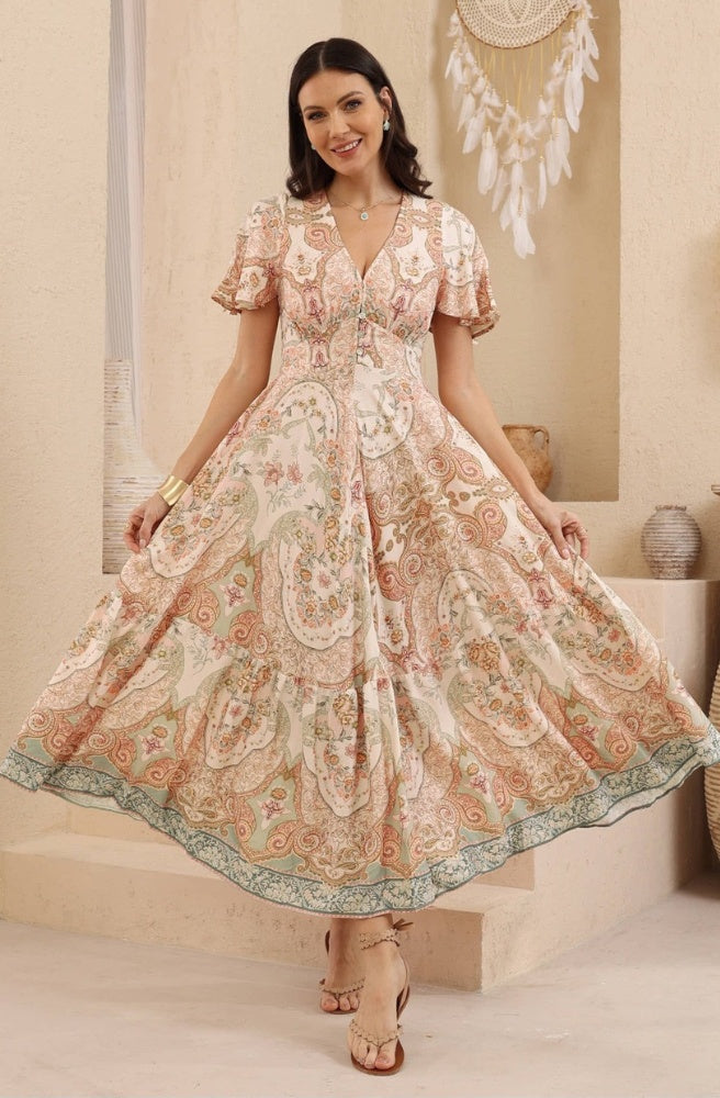 Sage Paisley Maxi Dress in soft paisley print with V-neckline, flutter sleeves and flowing maxi skirt