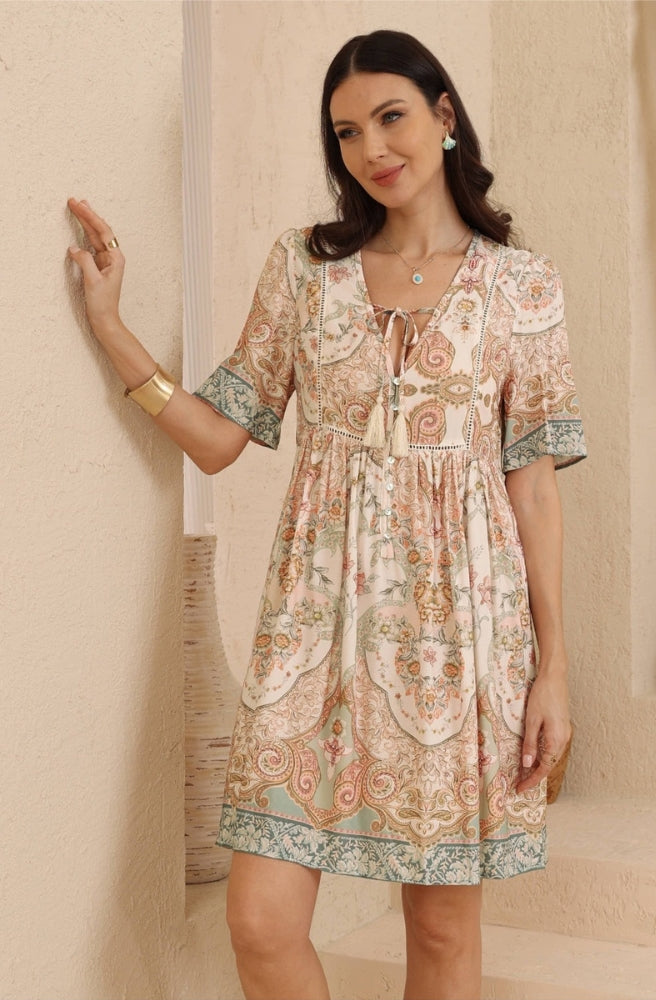 Sage Paisley Mini Dress with short sleeves, button-through bodice and gathered waist