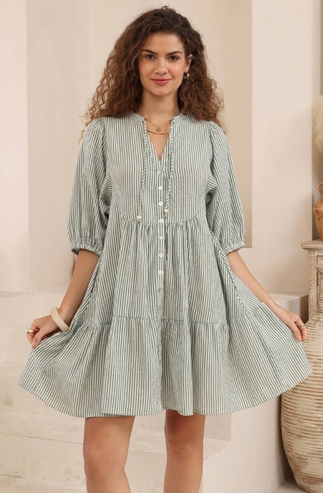 Sage green striped cotton babydoll dress with button front and tiered skirt