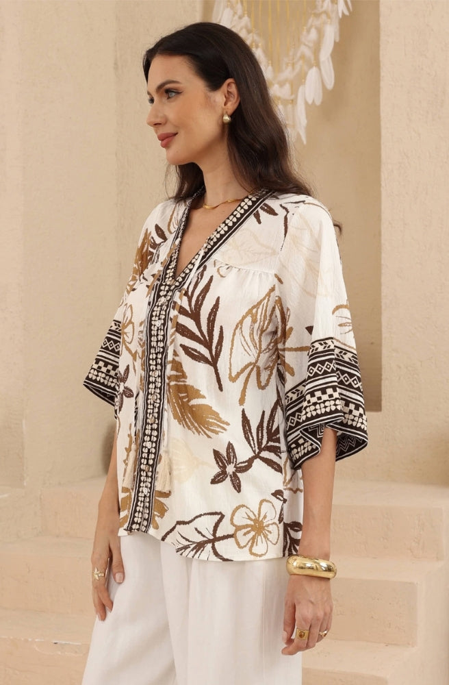 Earthy botanical print blouse in rayon viscose with warm brown and golden tones