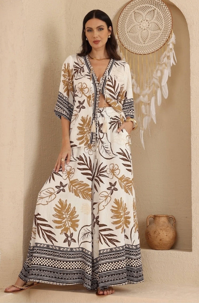 Sahara Botanical wide-leg maxi pants with cream, brown and ochre botanical print