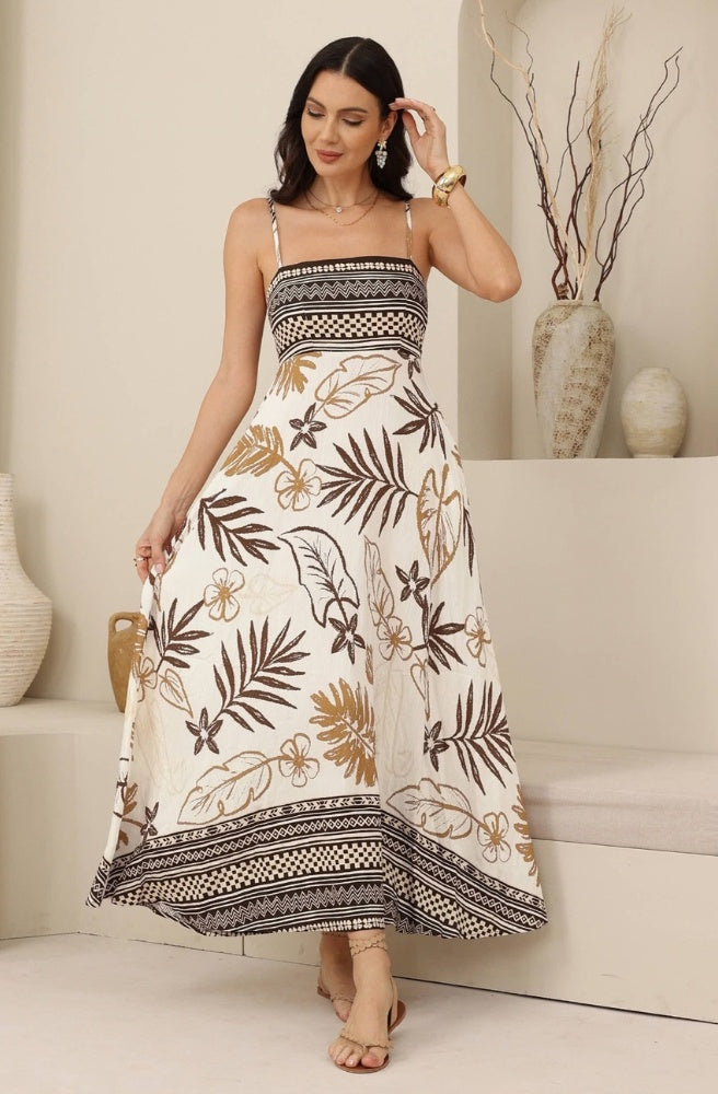 Sahara Botanical strappy maxi dress with earthy botanical print