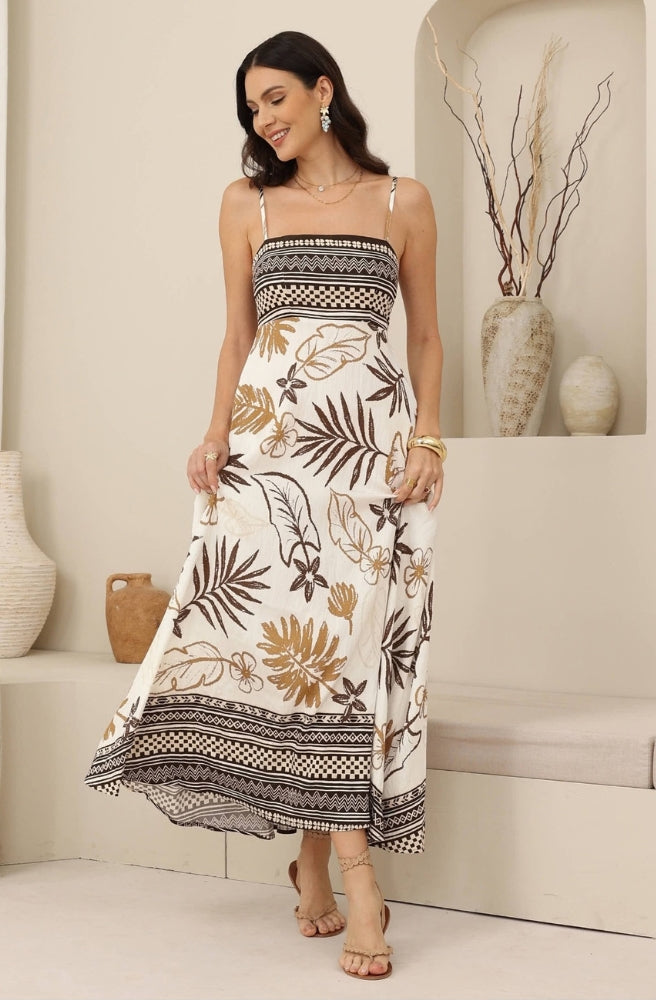 Sahara Botanical maxi dress with delicate straps and flowing bohemian silhouette