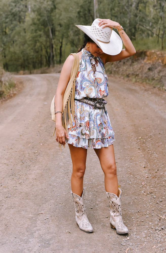 Sahara Muse Mini Dress paisley western mini dress front view