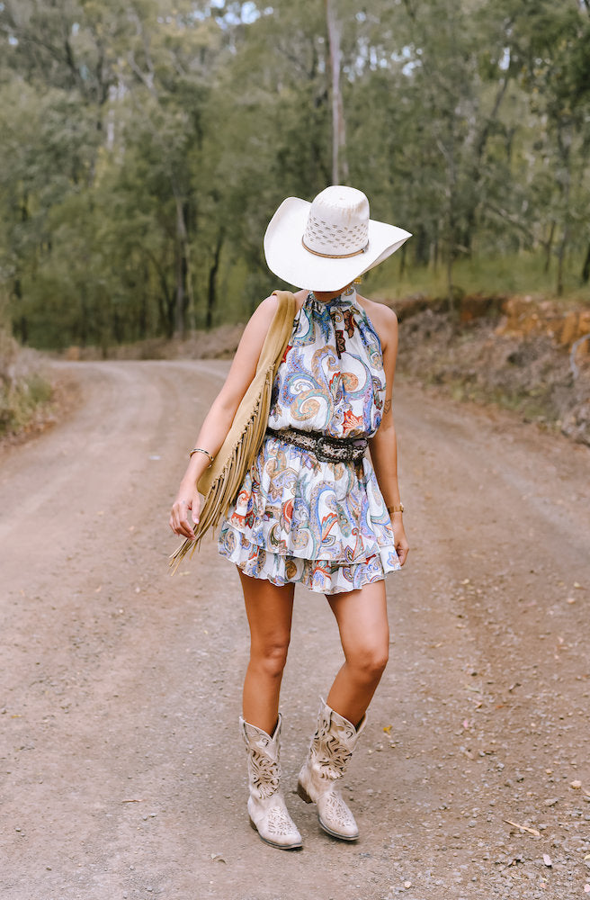 Sahara Muse Mini Dress - Western boho mini dress styled with cowboy boots and hat