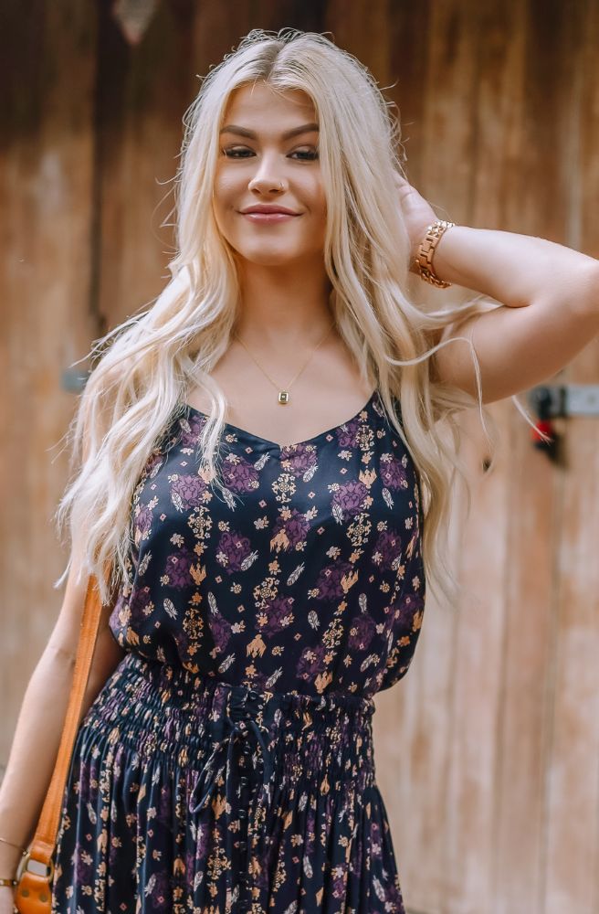 Savannah Kelly Singlet close up navy floral print rayon fabric