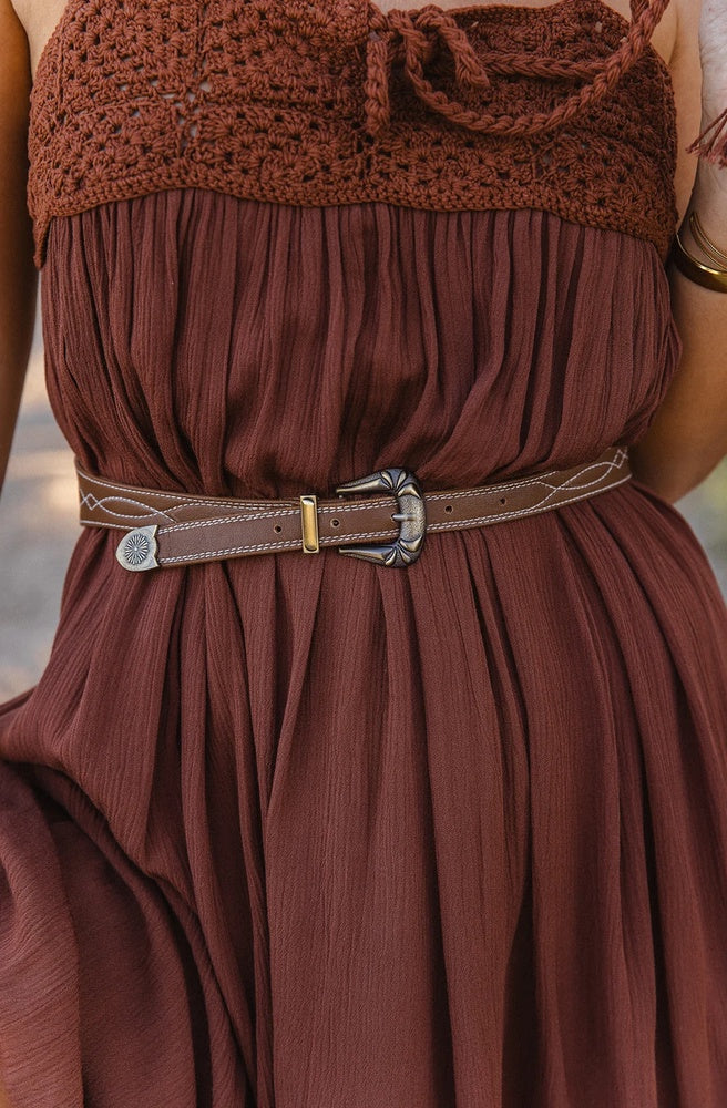 Sienna Leather Brown Belt with detailed stitching and western-inspired buckle.