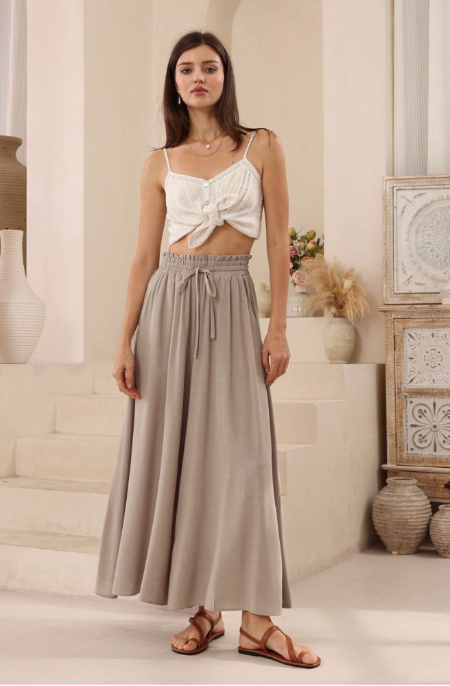 Solene Wide-Leg Pants Front View, Showing Details and Elastic Waist Tie