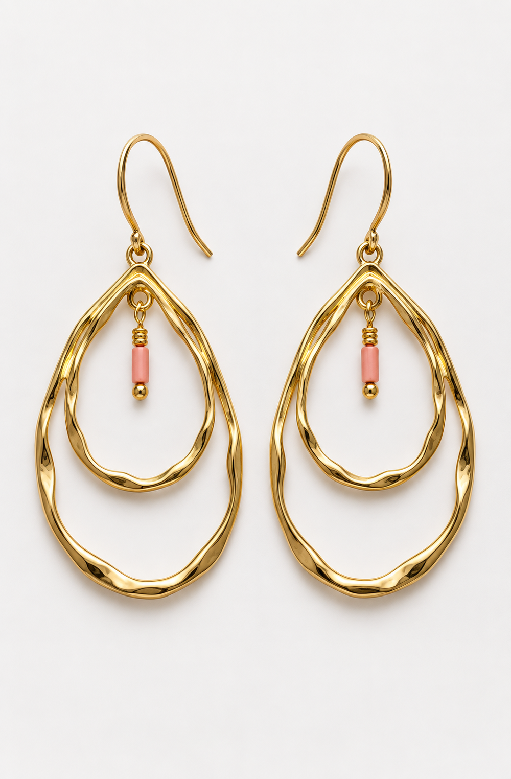 Sun Gypsy gold hoop earrings with layered textured hoops and pink bead detail