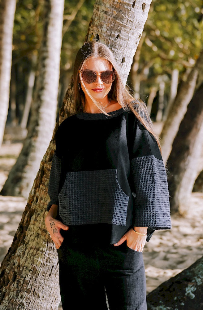 Women's Sunday Slouch featuring a relaxed black linen-cotton top with textured waffle sleeves and three-quarter length sleeves