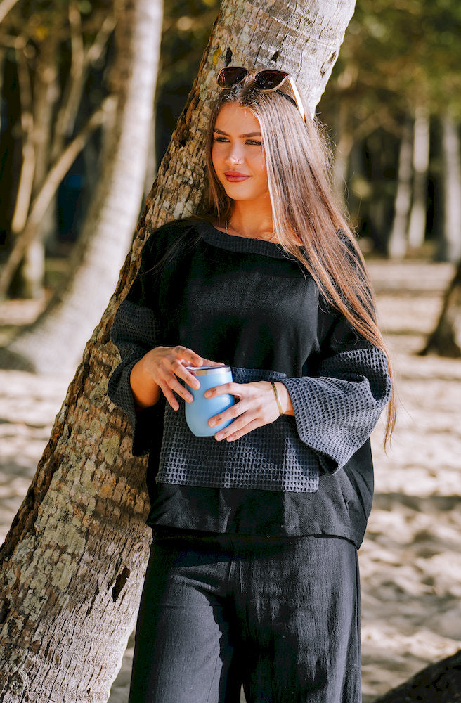 Sunday Slouch oversized black linen cotton top with stonewashed waffle sleeves and oversized front pocket