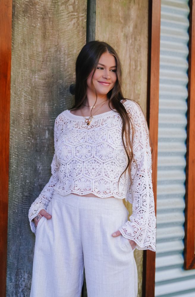 Surf Luxe Pants lightweight neutral wide-leg trousers styled with crochet top