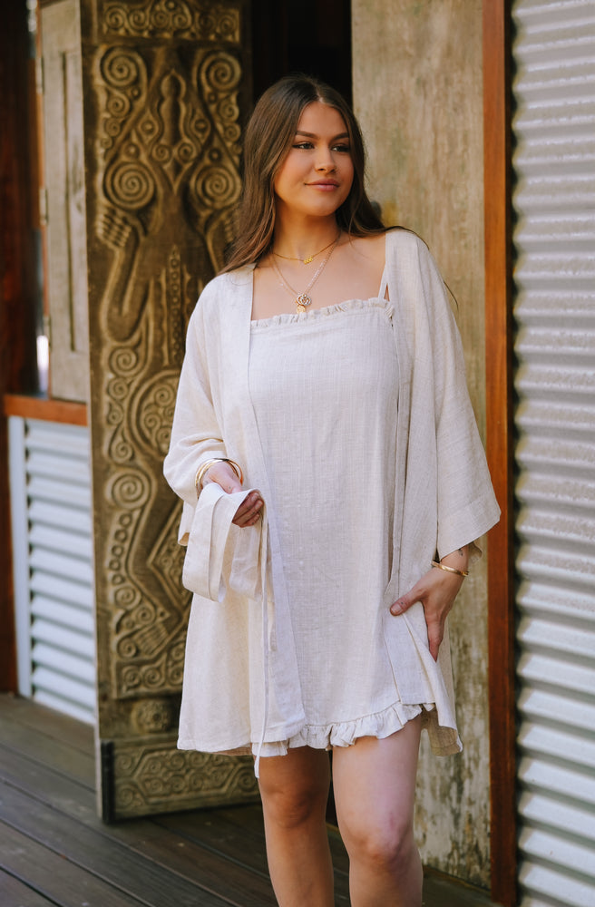 Surf Luxe Robe 2-in-1 cover up in a soft natural tone with floaty drape and coastal boho styling