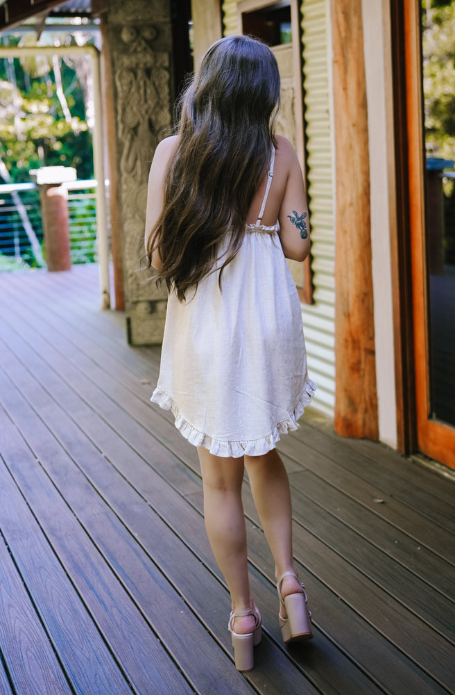 Surf Luxe Mini Dress relaxed neutral mini dress styled with matching Surf Luxe collection pieces for coastal boho wear