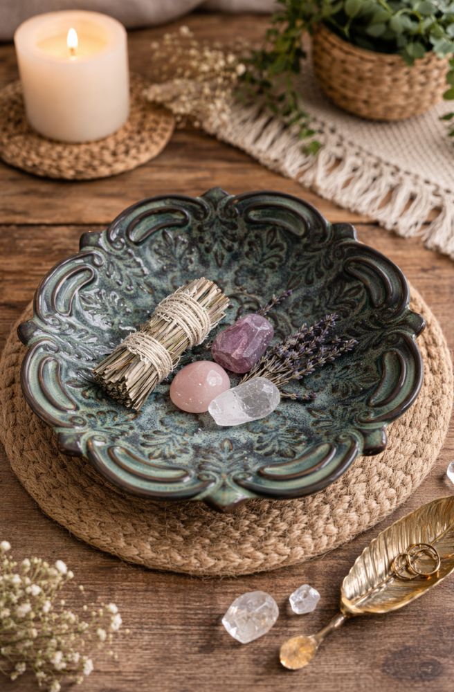 Trinket Bowl Aqua ceramic scalloped dish reactive glaze jewellery bowl front view