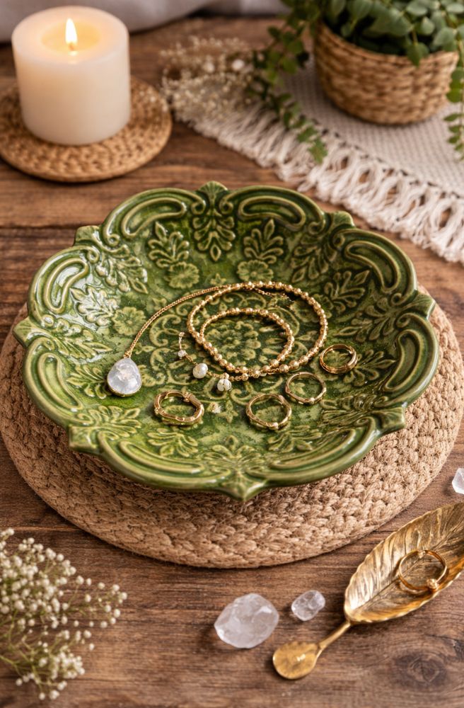 Trinket Bowl Green ceramic scalloped jewellery dish reactive glaze front view