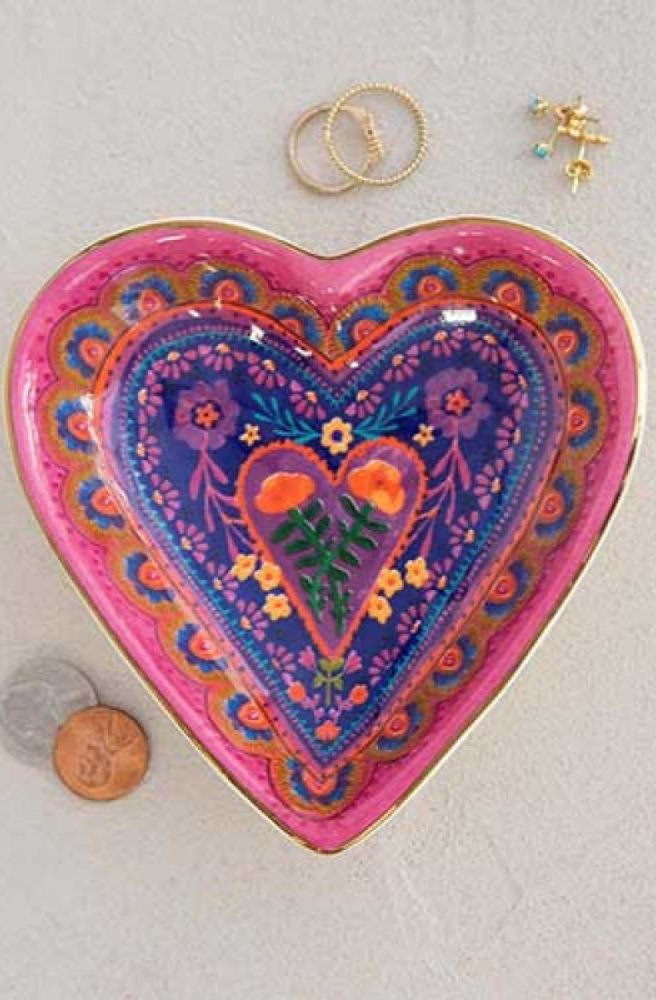 Trinket Bowl Heart ceramic dish with colourful floral artwork and gold edging