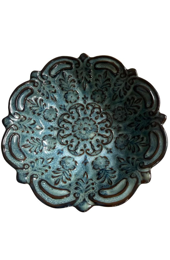 Trinket Bowl Aqua close up reactive glaze ceramic embossed scalloped edge detail