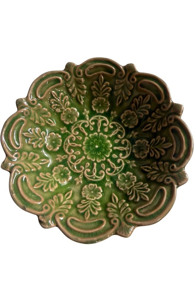 Trinket Bowl Green close up reactive glaze ceramic embossed scalloped edge detail