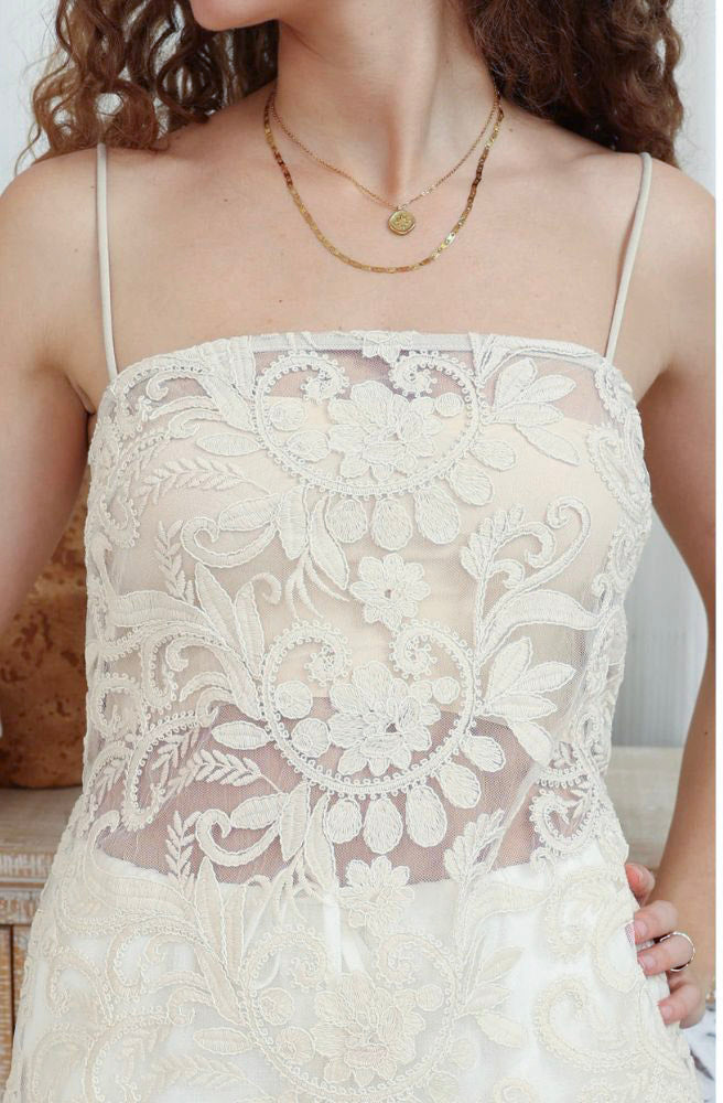 Women's Vintage Bloom embroidered lace cami styled with white linen pants