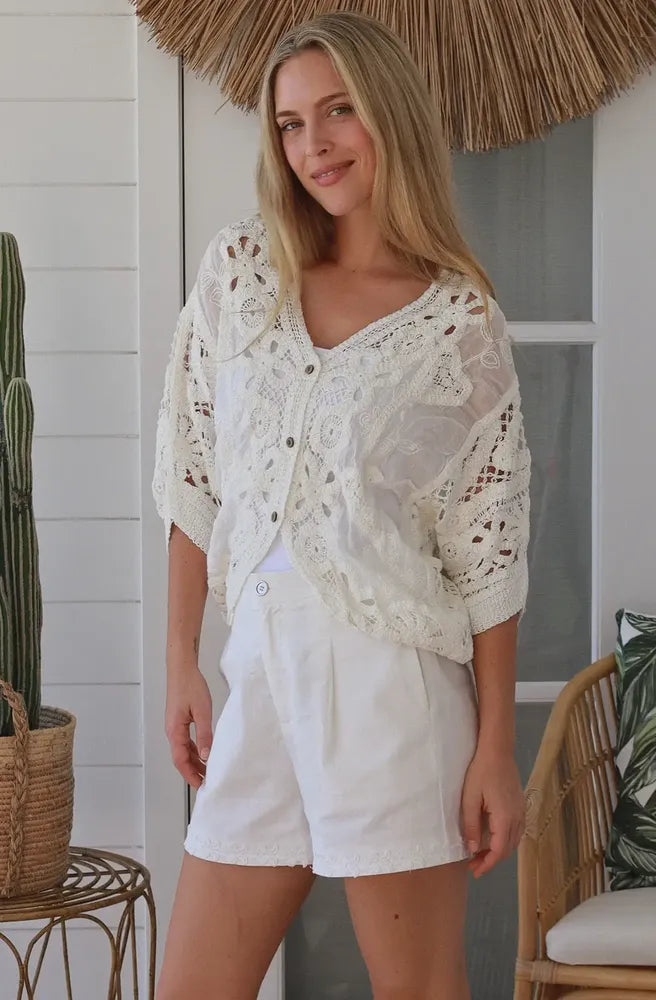 White Button Up Cardigan front view crochet cotton boho cardigan