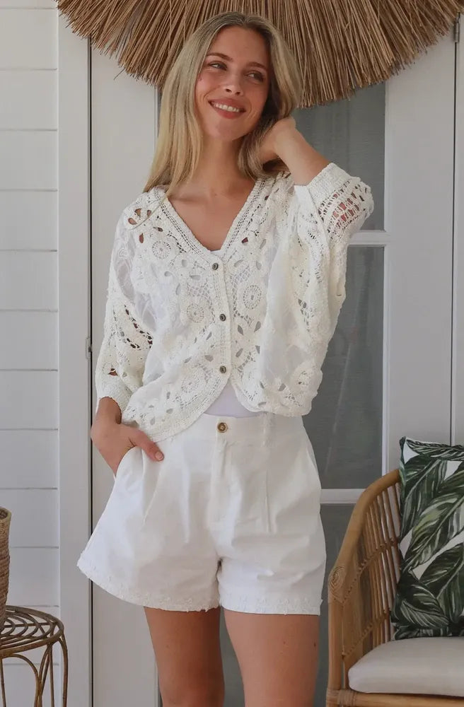White Button Up Cardigan close up crochet lace button detail