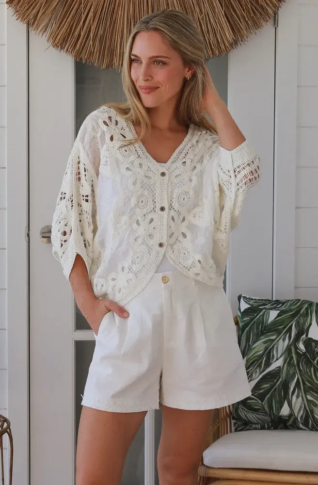White Button Up Cardigan side view lightweight cotton layer