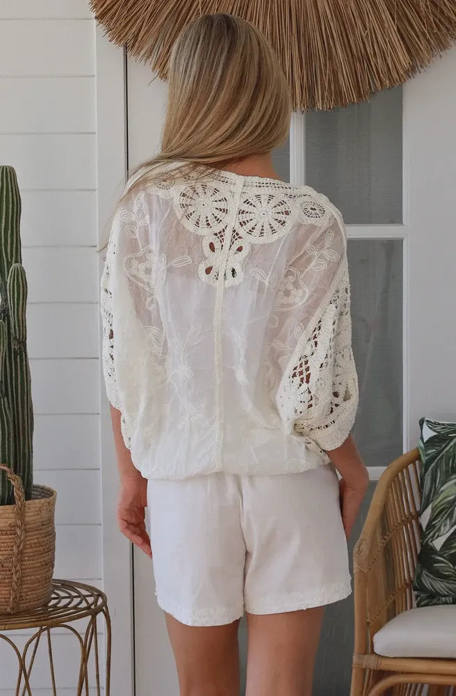 White Button Up Cardigan close up crochet lace button detail