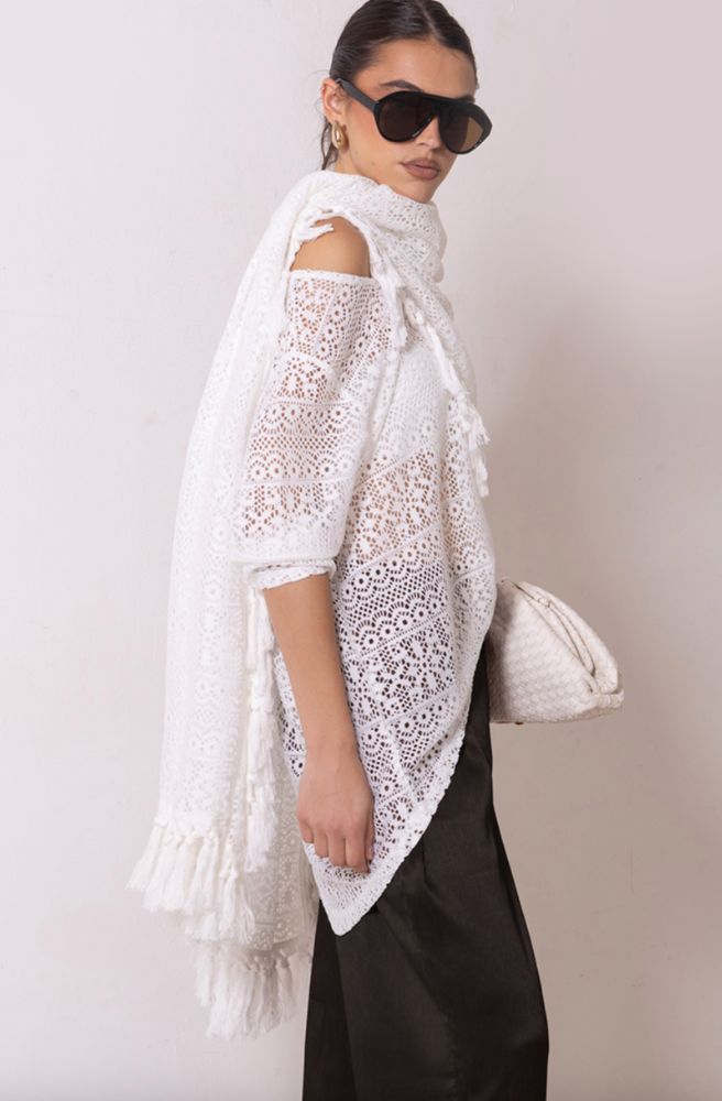 White Coastal Lace Tassle Shawl with intricate lace pattern and tassel fringe edging in a soft draped design
