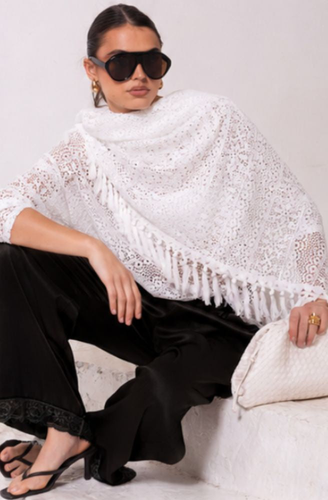 White Coastal Lace Tassle Shawl lightweight boho wrap with delicate lace texture and decorative tassel trim