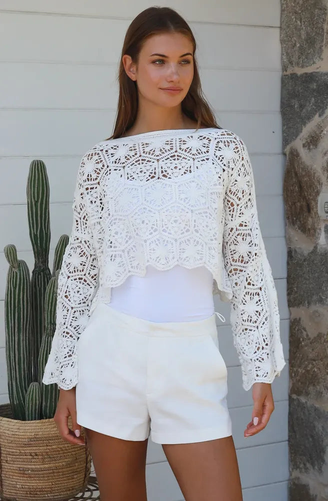 White Crochet Top close up intricate crochet pattern detail