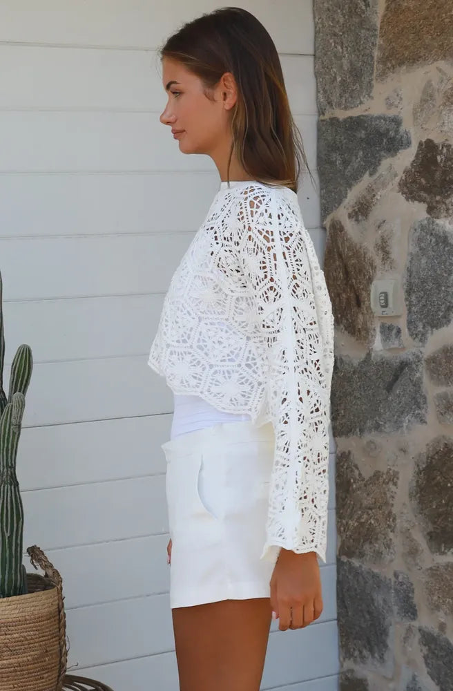 White Crochet Top side view lightweight boho crochet top
