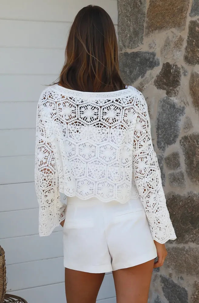 White Crochet Top back view relaxed crochet knit top
