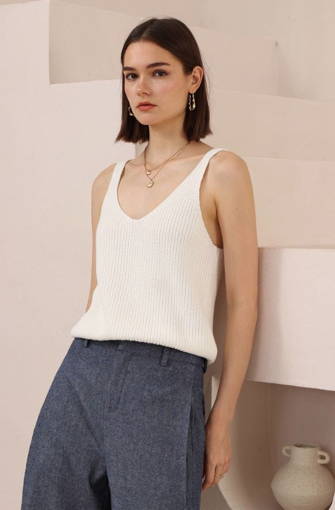 White Sands Knit Cami in breathable cotton knit with flattering V neckline