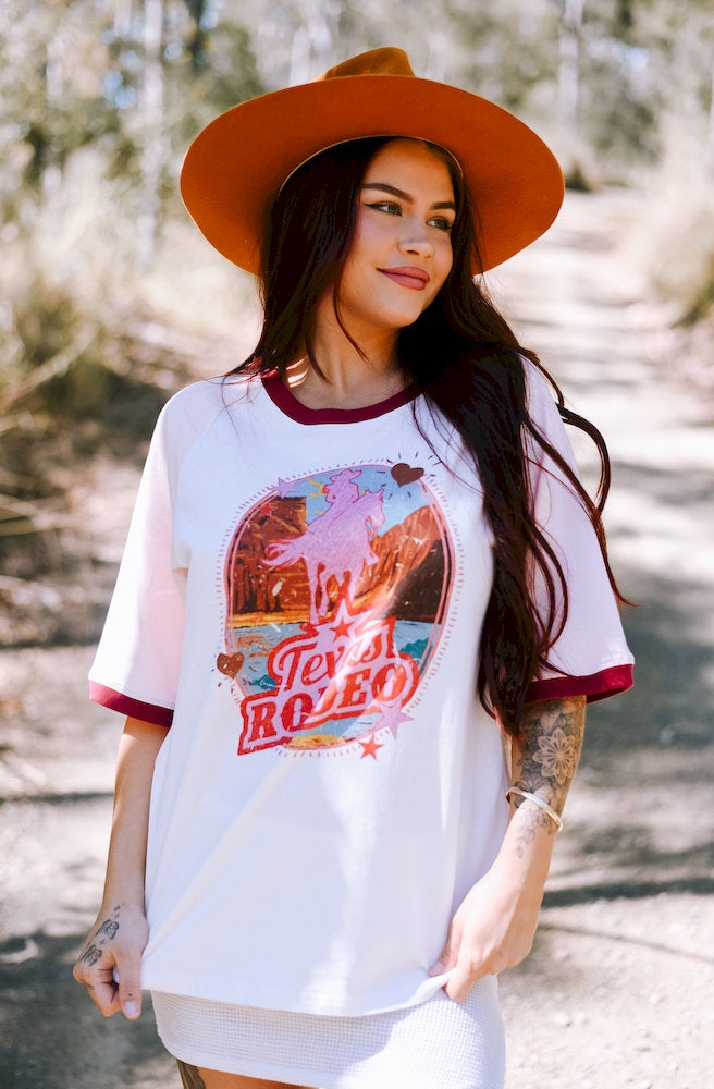 White Texas Rodeo Tee featuring a colourful bucking horse graphic and burgundy contrast trims.