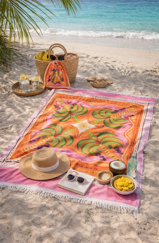 XL Beach Towel Palm Pink Front Photo Lifetyle Image