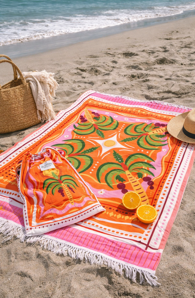 XL Beach Towel Palm Pink Front Photo in Use