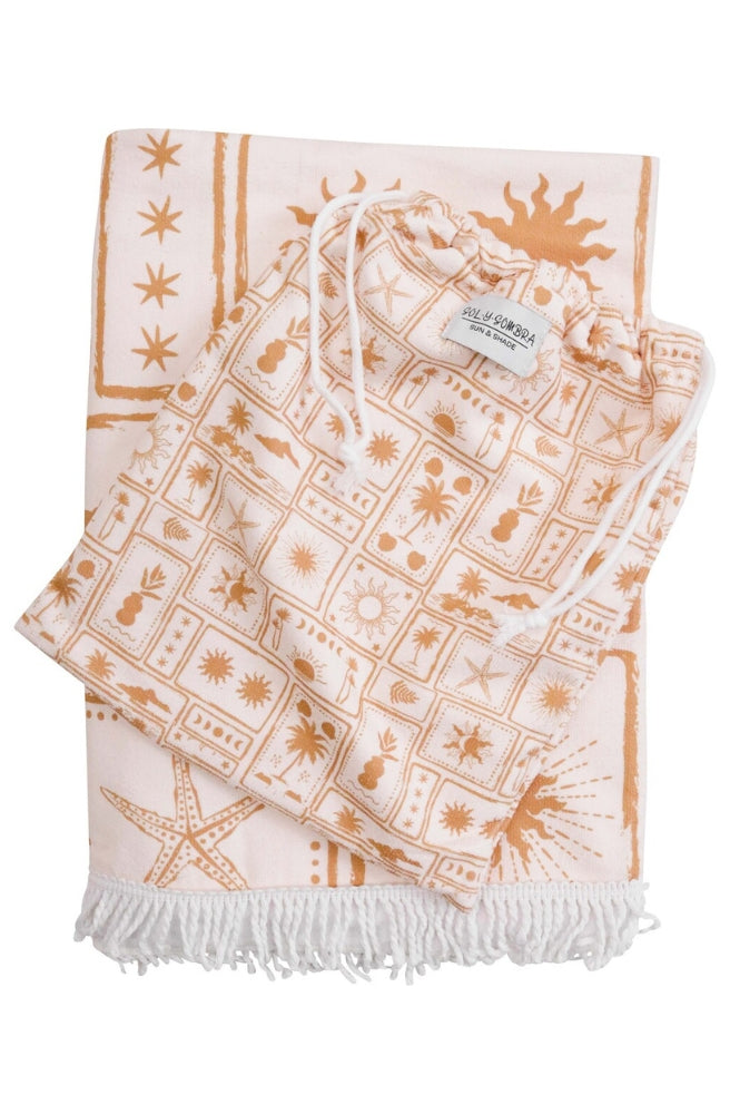 XL Beach Towel Postcard featuring neutral boho print with sun, moon and palm tree motifs