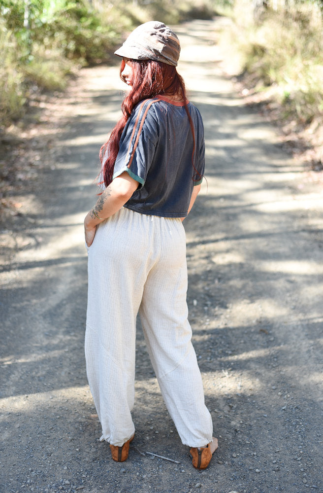 Ziggy Pants styled with the ankle ties loosened for a flowing wide-leg silhouette.